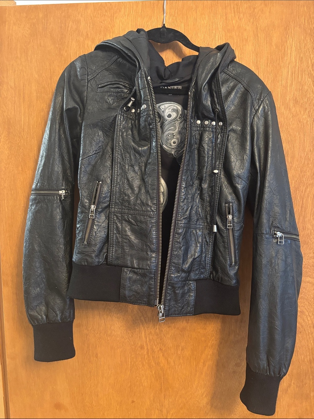 Danier Black Leather Hooded Bomber with Stud Accents